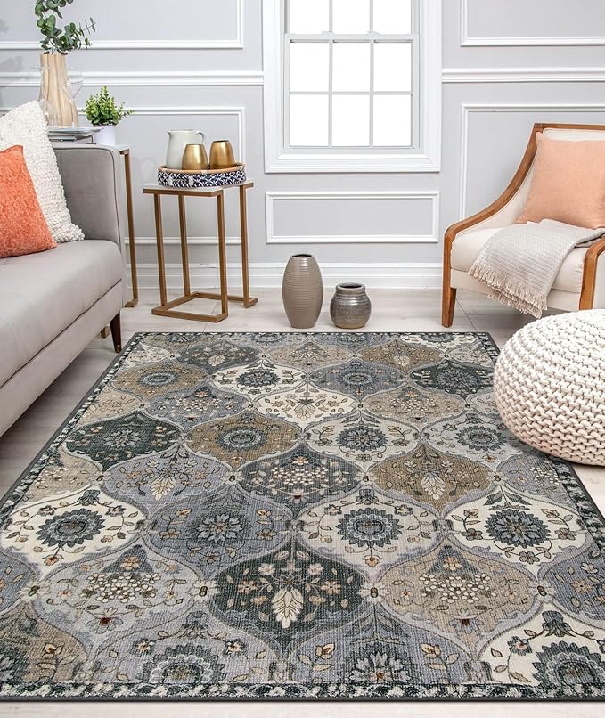 Lahome Moroccan Machine Washable Area Rugs, 4x6 Rug for Living Room Bedroom, Soft Non-Slip Rug Vintage Trellis Ultra-Thin Throw Carpet for Dining Room Office Elise, Grey