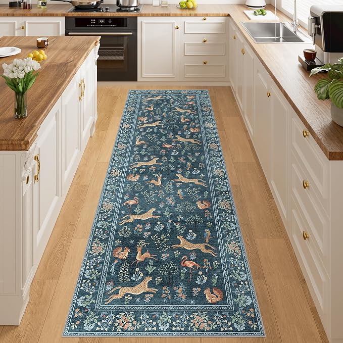 DUKINO 2x10 Rug for Hallway, Washable Kitchen Runner Rug with Non Slip Backing, Soft Low Pile Vintage Animal Runner for Bedroom, Kitchen, Hallway, Entryway, Laundry, Blue