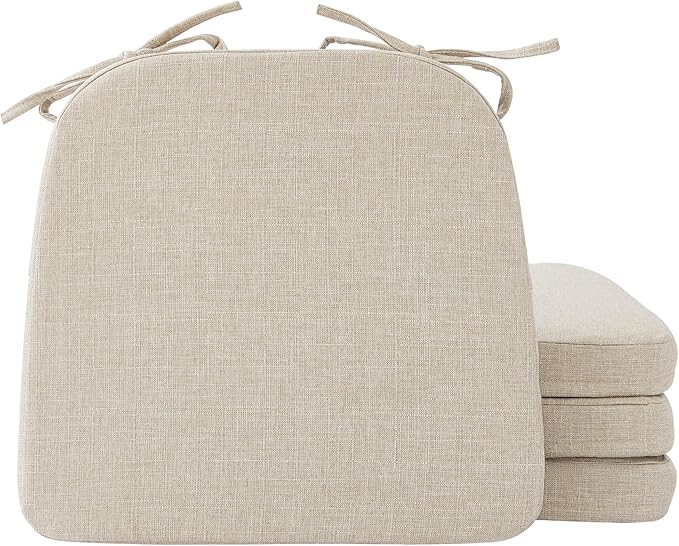 Ruqmuis Chair Cushions for Dining Chairs, 2" Thick Seat Cushions for Kitchen Chairs, D-Shaped Chair Pads with Washable Cover, Ties and Non Slip Backing, 17'' x 16'', Set of 4, Beige