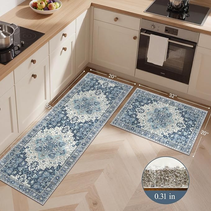 GENIMO Kitchen Rugs Non Slip Washable, 2PCS Kitchen Mats for Floor, Cushioned Standing Mat, Kitchen Runner Rug Floor Mat for Kitchen Decor, Laundry, Sink, Entryway, Home, 20"x32"+20"x59", Navy Blue