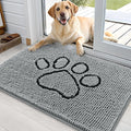 OLANLY Dog Door Mat for Muddy Paws 35x24, Paw Print Design, Absorbs Moisture and Dirt, Absorbent Non-Slip Washable Doormat, Quick Dry Chenille Mud Mat for Dogs, Entry Indoor Entryway Carpet, Grey