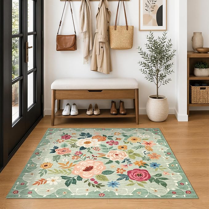 DUKINO 4x4 Square Area Rug, Floral Indoor Floor Washable Entryway Rug with Low Pile Design, Boho Non Slip Thin Doormat Carpet for Kitchen, Bedroom, Living Room, Office, Kids Playroom, Green