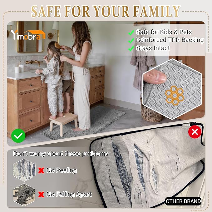 Yimobra Fluffy Plush Bath Rug, Super Shaggy Soft Comfortable Non Slip, Water Absorbent Microfiber Bath Mat, Dries Quickly, Machine Washable Thick Bathroom Rugs for Shower, 60" X 24", Pure Gray