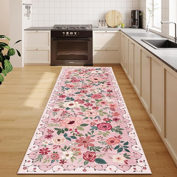 DUKINO 2.6x8 Kitchen Runner Rug for Hallway, Washable Runner Rug with Non Slip Backing, Low Pile Soft Boho Floral Carpet for Hallway, Kitchen, Entryway, Laundry, Bedroom, Pink