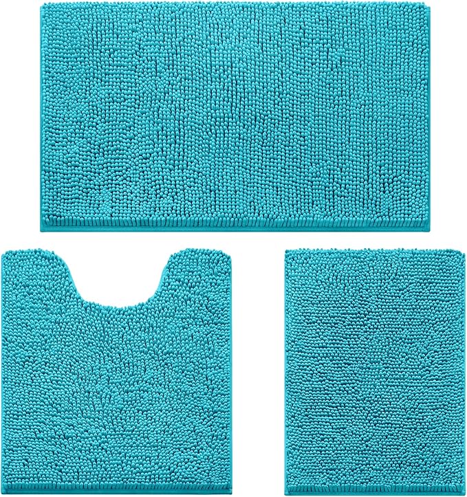 HOMEIDEAS 3 Pieces Bathroom Rugs, Extra Large Ultra Soft Non Slip Absorbent Chenille Toilet Bath Mat Set (Teal Blue)