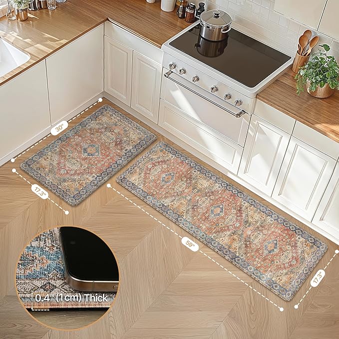 GENIMO Kitchen Mats for Floor, 2PCS Kitchen Rugs Non Slip Washable, Waterproof Anti Fatigue Mat, Comfort Standing Runner Rug for Sink, Office, Laundry, Home, 17.3"x59"+17.3"x30", RetroBrick