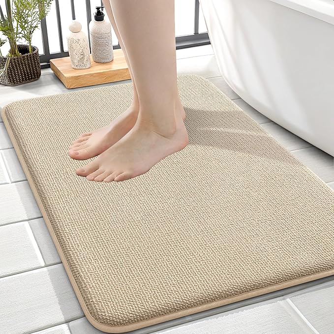 OLANLY Thick Memory Foam Small Bathroom Rugs 24x16, Extra Soft Absorbent Bathroom Mat, Quick Dry Bath Mat, Non-Slip, Machine Washable Carpet for Bathroom, Tub and Shower, Home Decor Accessories, Beige