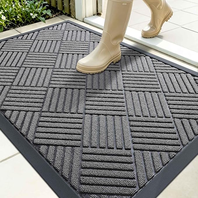 OLANLY Front Door Mat Outside Entrance 35x23, Absorbent, Heavy Duty Sturdy Natural Rubber Doormat Indoor Outdoor, Stain and Fade Resistant, Non-Slip Low Profile Floor Mat for Entryway, Grey Diamond