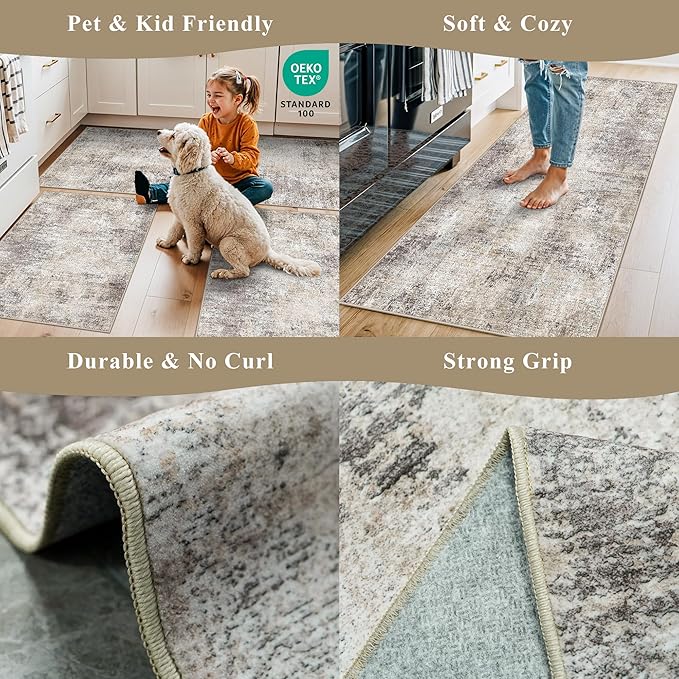 Kitchen Mats for Floor 3 Piece Set,Non-Slip Washable Kitchen Mats for Hardwood Floor, Boho Farmhouse Runner Rug for Sink,Entryway & Hallway & Bathroom (Brown Grey Beige, 2x3+2x4+2x5)