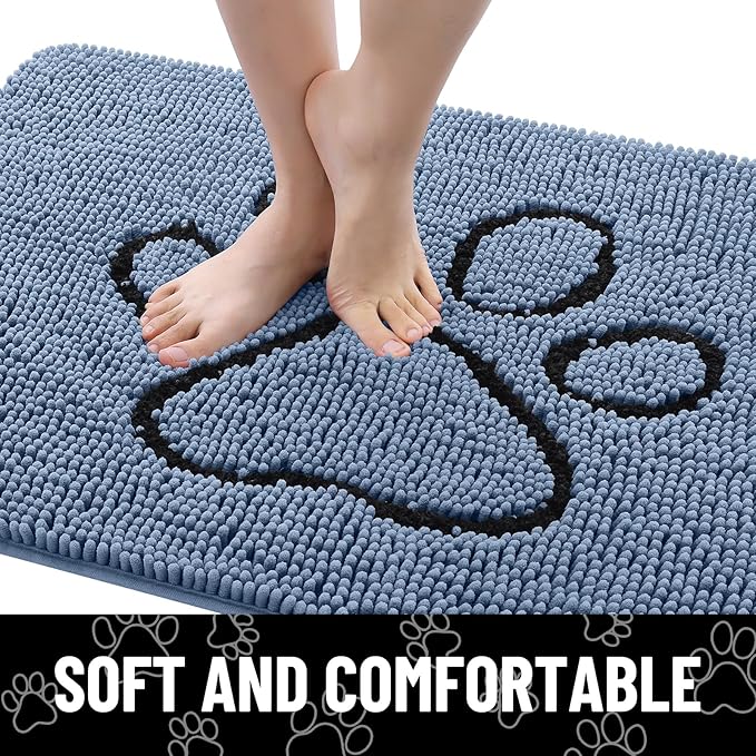 Smiry Dog Door Mat for Muddy Paws, Absorbent Dirt Trapper Non Slip Quick Dry Washable Chenille Mat for Mud Dogs, Entry Rug for Indoor and Outdoor (59x24 Inches, Airy Blue and Black)