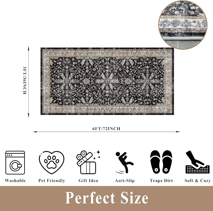3x6 Kitchen Runner Rug Non Slip Washable - Soft Low Pile Stain-Resistant Wide Carpet Runner for Hallway Entryway Bedroom Bathroom with Rubber Backing - Boho Floral Door Mat(Black,3x6)