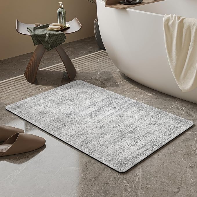 Mecko Bath Mat, Ultra Absorbent Quick Dry Bathroom Floor Mats-Rubber Non-Slip Thin Bathroom Rug Fit Under Door, Faux Suede Surface Shower Rug for Bathtub, Sink, Shower Room(Grey/Cream,16"x24")