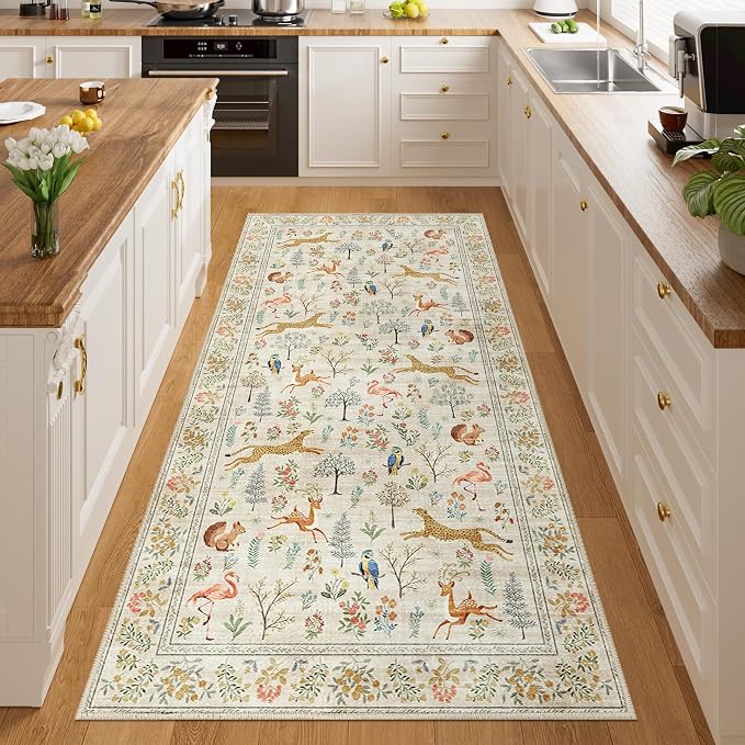 DUKINO 3x6 Washable Runner Rug, Low Pile Animal Print Non Slip Runner Rug for Kitchen, Lightweight & Non Shedding Indoor Carpet for Hallway, Kitchen, Entryway, Bathroom, Laundry, Beige
