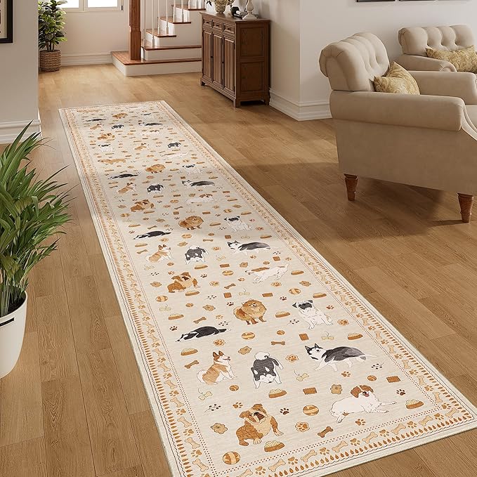 DUKINO 2x10 Runner Rug for Hallway, Washable Animal Dog Print Kitchen Rug with Low Pile, Soft Non Slip Indoor Non Shedding Long Carpet Runner for Entryway, Bedroom, Bathroom, Laundry, Beige Yellow