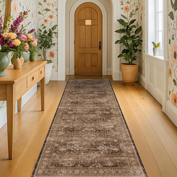 Brown Boho Washable 2x7 Runner Rugs for Hallway Kitchen Bedroom Beside Laundry Room Bathroom Rug, Pet & Kids Friendly, Non Slip Low Pile Stain Resistant Soft Faux Wool Long Dark Earthy Floor Carpet