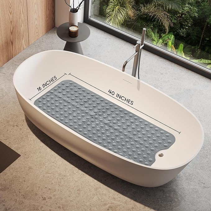 LDC Bath Mat for Tub, Inside Shower Bathtub Mat with Drain Holes and Suction Cups, Anti Slip Bath Mat Inside Tub Extra Long, 40x16 - Light Grey