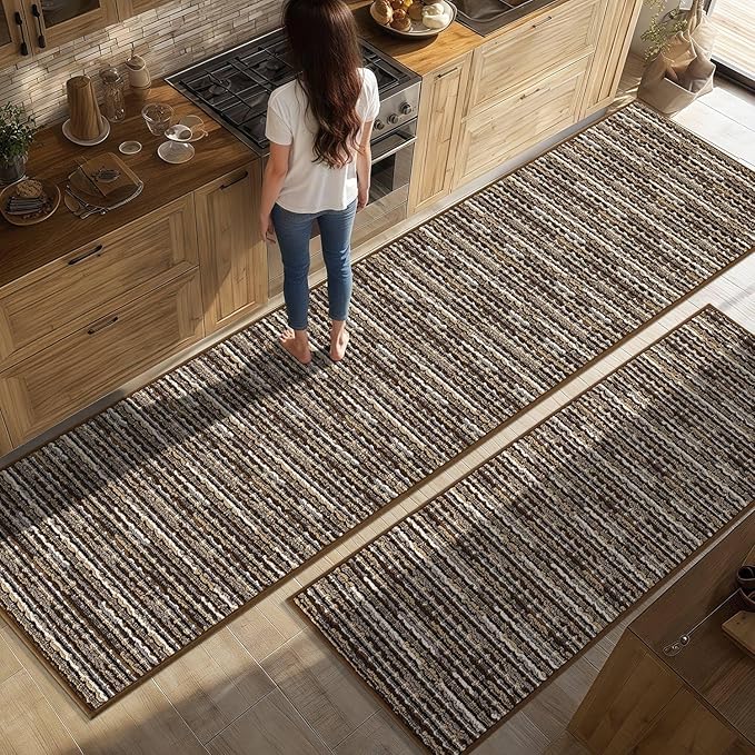 Kitchen Rugs Sets of 2-Non Slip Kitchen Mats for Floor-Thick Stain Resistant Vintage Kitchen Floor Mat Runner Carpet for Hallways Entryway Laundry Room Washable（Brown 24"x79"+20"x47"）
