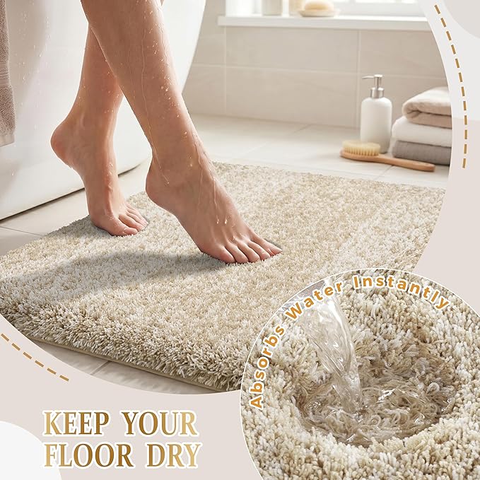 Yimobra Bathroom Rugs Non Slip Washable 36X24, Ultra Soft and Water Absorbent Bath Mats, Plush Fluffy Shower Mat Outside, Luxury Microfiber Thick Matts for Bathroom Floor/Tub, Light Beige and White