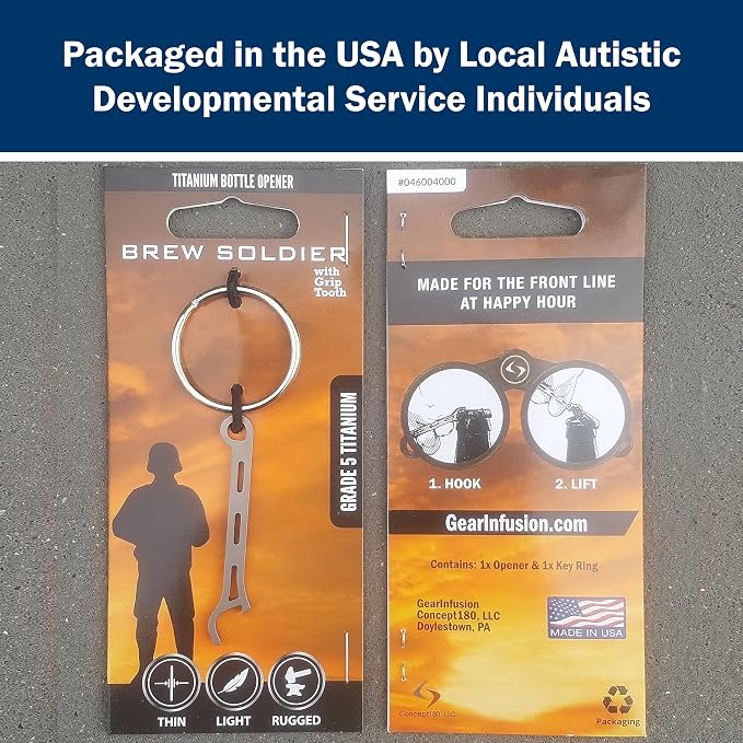 Gear Infusion Brew Soldier Bottle Opener - Thin Titanium Bottle Opener with Key Ring - Made in the USA (Sandblasted)