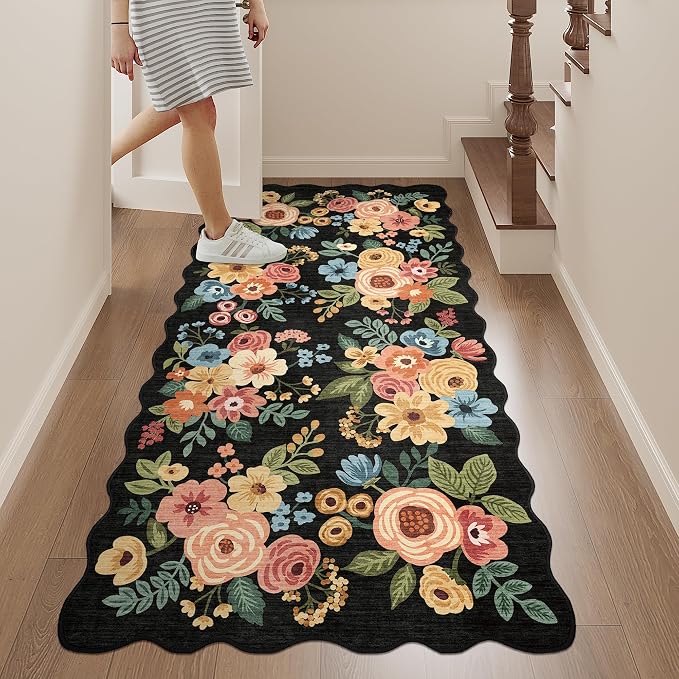 DUKINO 2x5 Washable Runner Rugs, Non Slip Floral Print Entryway Rug with Soft Low Pile, Lightweight Mat for Living Room, Bathroom, Bedroom, Kitchen, Black