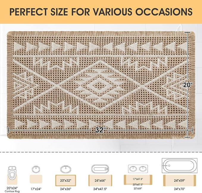 Waffle Bath Mat, Boho Woven Modern Bath Rug Absorbent Non Slip, Ultra Soft Bathroom Mats, Machine Washable Knit Bath Rugs with Triangle Border for Bathroom, Bedroom, Kitchen, 32"x20", Beige & White
