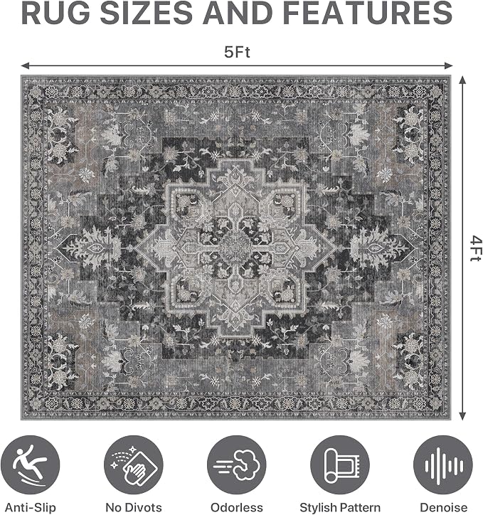 48"x60" Office Chair Mat for Hardwood Tile Floor, Under Desk Carpet Protector for Rolling Computer Chair Mat, Machine Washable Area Rug, Anti-Slip 1/5" Thick Low Pile Thin Vinyl Floor Mat, Black