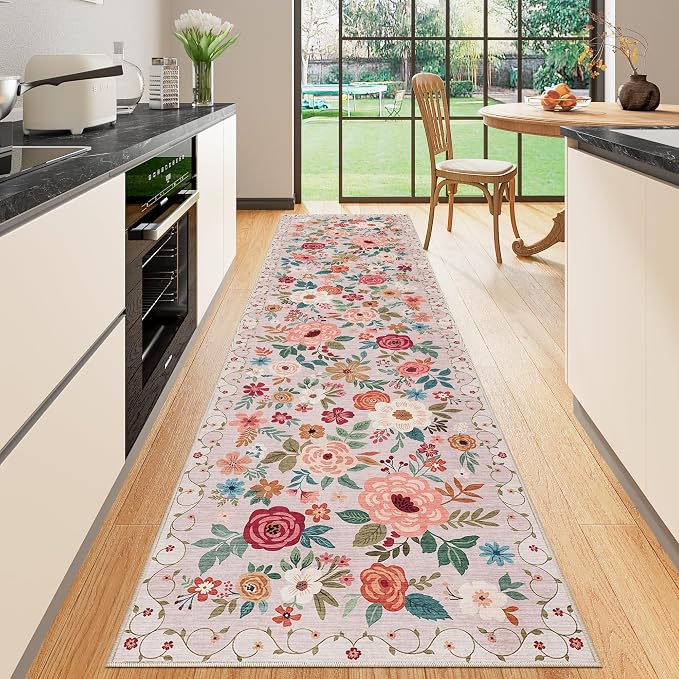 DUKINO Runner Rug for Hallway, 2.6x10 Washable Floral Long Kitchen Rug with Non Slip Backing, Lightweight & Stain Resistant Soft Runners for Indoor Entrance, Laundry, Living Room, Bedroom, Beige