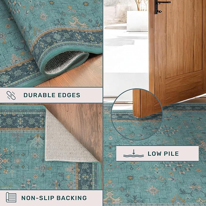Hazo Haus Teal 10ft Long Hallway Runner Rug - 3 x 10 Runner Rug, Boho Washable 3x10 Kitchen Floor Mat - Vintage Eclectic Boho Design Décor