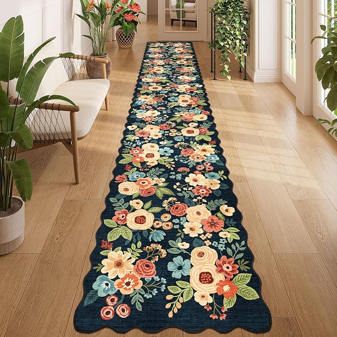 DUKINO 2x12 Runner Rug for Hallway, Soft Floral Washable Kitchen Runner Rug with Non Slip Backing, Lightweight & Low Pile Extra Loog Carpet for Entryway, Laundry Room, Entrance, Bedroom, Navy Blue
