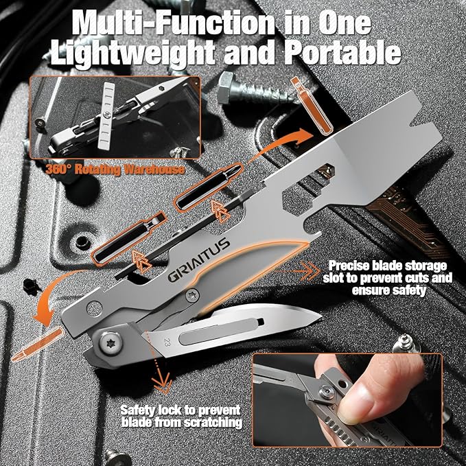 Multitool Pry Bar Wrench Tool with Flat/Phillips Screwdriver Folding Multi-tool Box Cutter Blade Knife, Bottle Opener, Steel Handle, Everyday Carry, Cycling, Camping EDC Pocket Gadget Gifts for Men