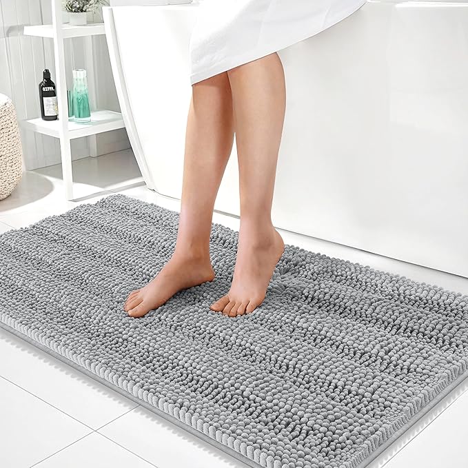OLANLY Thick Bathroom Runner Rugs 44x24, Extra Absorbent Chenille Striped Bath Rugs, Rubber Backing, Machine Wash Dry, Long Bath Mats for Bathroom, Tub and Shower, Home Decor Accessories, Light Grey