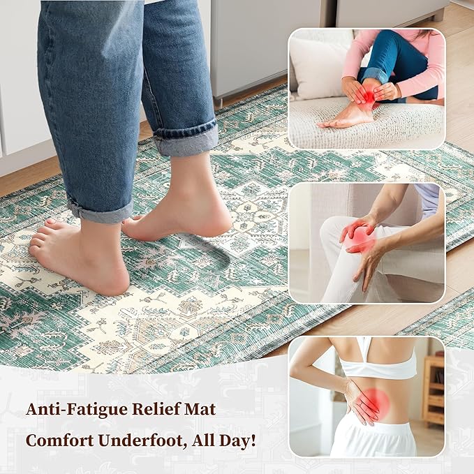 Boho Kitchen Mats for Floor 2 Piece Set Anti Fatigue Cushioned PVC Kitchen Rugs Non Slip Waterproof Farmhouse Mats 2/5 Inch Comfort Standing Mat for Sink, Laundry, 17.3"x59"+17.3"x28", Blue Green