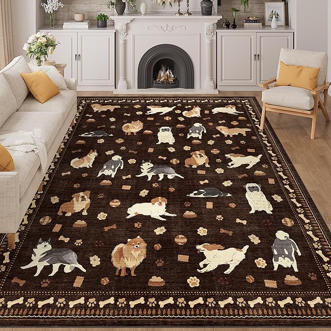 DUKINO 8x10 Area Rug, Non Slip Washable Animal Dog Rug for Living Room, Stain Resistant & Low Pile Indoor Floor Large Carpet for Bedroom, Farmhouse, Nursery, Dining Room, Kids Playroom, Brown