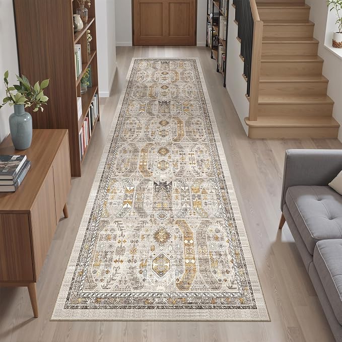 Madane Kitchen Runner Rug - 2x7 Runner Rugs with Rubber Backing Non Slip Vintage Washable Rug Runner Ultra-Thin Throw Carpet Runners for Hallways Bedroom Laundry Room(2'x7', Brown/Gold)