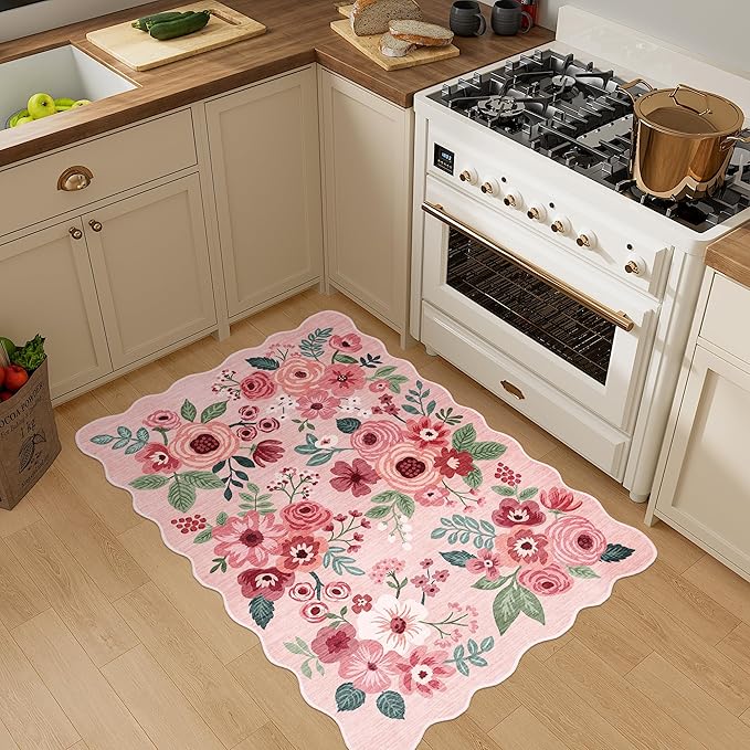 DUKINO 2x3 Entryway Rug, Floral Washable Indoor Door Mat with Non-Slip Backing, Soft Low Pile Small Front Door Throw Rugs for Entryway, Kitchen, Bedroom, Laundry, Bathroom,Pink