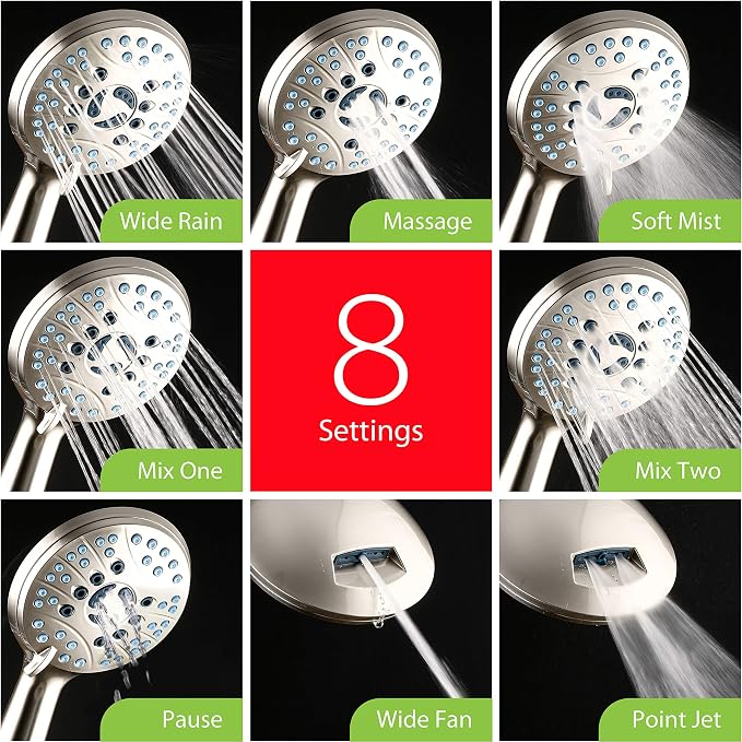 Hotel Spa AquaCare High Pressure 8-mode Handheld Shower Head - Anti-clog Nozzles, Built-in Power Wash to Clean Tub, Tile & Pets, Extra Long 6 ft. Hose, Wall & Overhead Brackets - 1.8 GPM