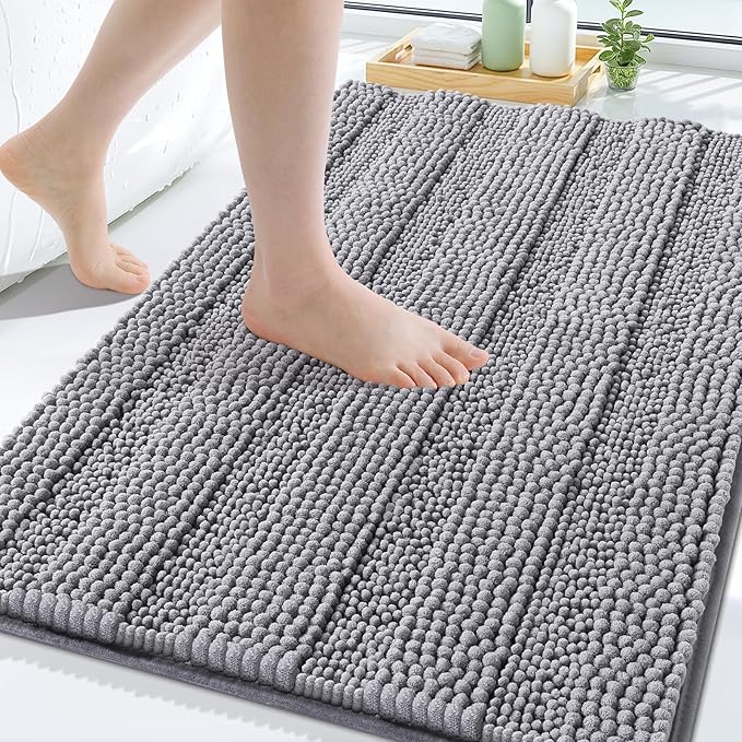 Grandaily Chenille Striped Bathroom Rugs 30x20, Extra Thick and Soft Absorbent Bath Mats, Rubber Backing, Plush Shaggy Shower Carpet, Machine Wash Dry, Bath Rug for Bathroom, Grey