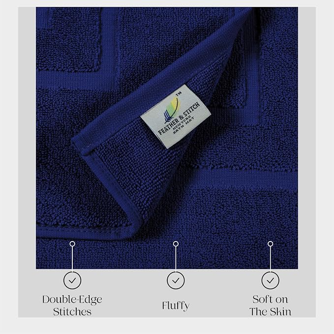 Feather & Stitch 2 Piece Towel Like Bath Mats (30x21 Inch) 100% Cotton Terry Bath Mats, Bathroom Shower Floor Mats [NOT A Bathroom Rug], Soft Absorbent Washable Mats - Navy Blue