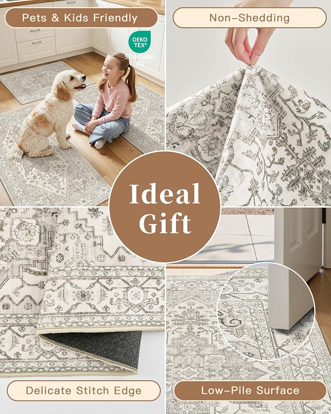 Madane 2-Piece Kitchen Runner Rug Set, Small Area Rug Non-Slip Vintage Door Mat Indoor Entrance, Low Pile Floor Carpet for Inside Front Door Bedroom Entryway Entry Laundry (2x3+2x4, Beige/Brown)