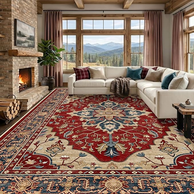 RELEANY Area Rugs Large 9'x12' Washable Non-Slip, Floral Vintage Distress Medallion Carpet for Living Room Bedroom Dining Room, Red Blue