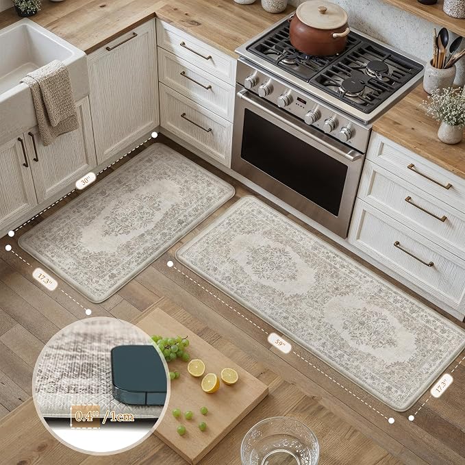 PureCozy Kitchen Mats 2PCS Anti Fatigue Cushioned Mat Beige Vintage Kitchen Mats for Floor Waterproof Non Slip Comfort Standing Medallion Floral Rug for Sink Laundry Office 17.3"x59"+17.3"x30"