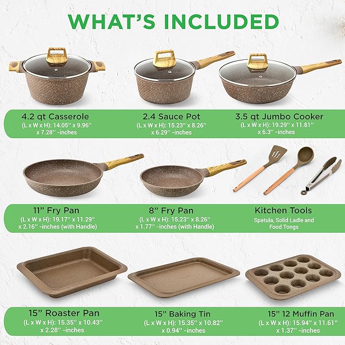 NutriChef 22‑Piece Non‑Stick Ceramic Pots and Pans Set – For All Cooktops Including Induction – PTFE & PFAS Free, Includes Bakeware & Utensils