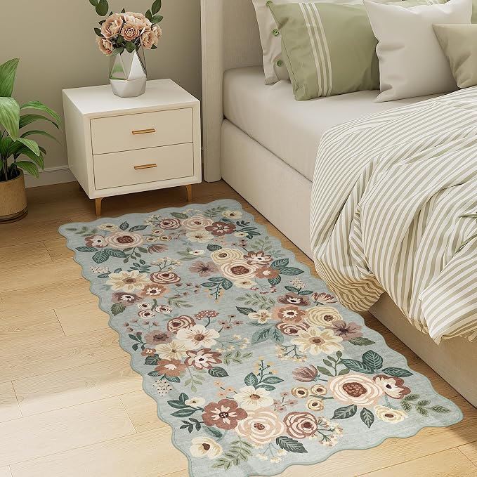 DUKINO 2x4 Washable Runner Rugs, Non Slip Floral Print Entryway Rug with Soft Low Pile, Lightweight Mat for Living Room, Bathroom, Bedroom, Kitchen, Sage Green