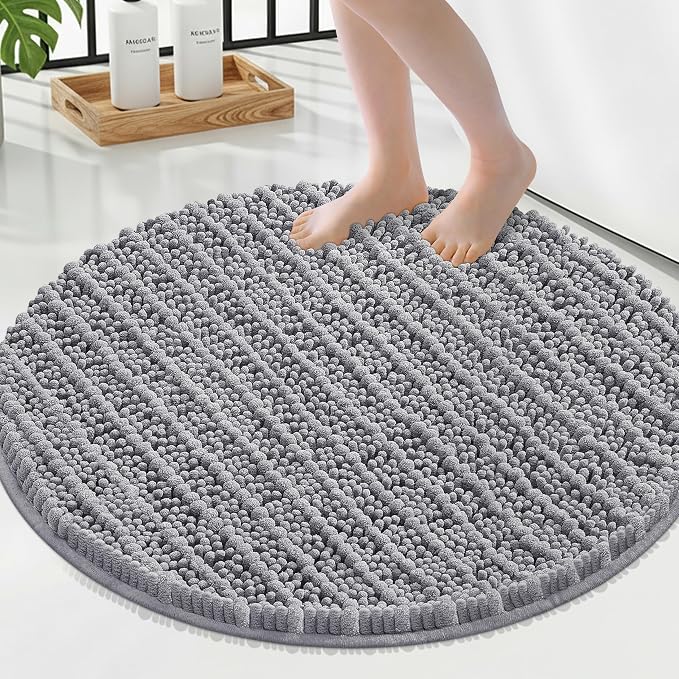 Smiry Bathroom Rugs Mat Round 24x24, Soft Absorbent Chenille Bath Rugs, Non Slip Rubber Backing Machine Washable Quick Dry Bath Mats for Bathroom Floor, Tub, Shower, Home Accessories, Grey