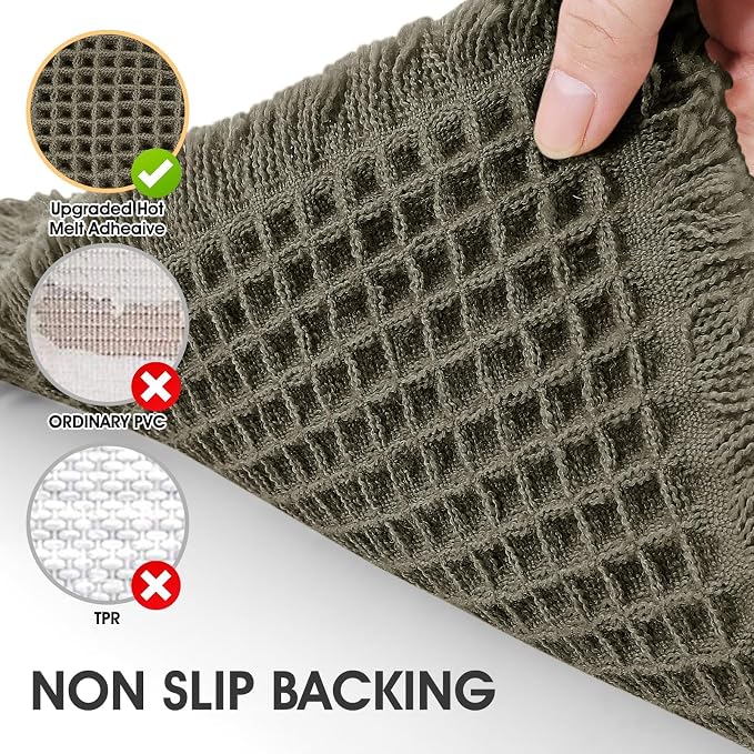 Upgrade Waffle Bath Mat, Greyish Green 32"x20", Boho Bathroom Rugs Absorbent Non Slip, Ultra Soft Bathroom Mat, Machine Washable Knit Bath Rugs with Tassels for Bathroom, Bedroom, Kitchen, Shower