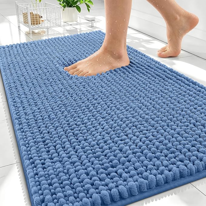 OLANLY Thick Bathroom Rugs 34x21, Extra Soft Absorbent Chenille Bath Rugs, Rubber Backing, Machine Wash Dry, Bath Mats for Bathroom Floor, Tub and Shower, Home Decor Accessories, Cornflower Blue