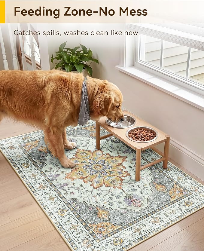RELEANY Area Rugs Small 2'x3' Washable Non-Slip, Floral Vintage Distress Medallion Carpet for Kitchen Entryway Bathroom, Beige Carbon Grey Orange