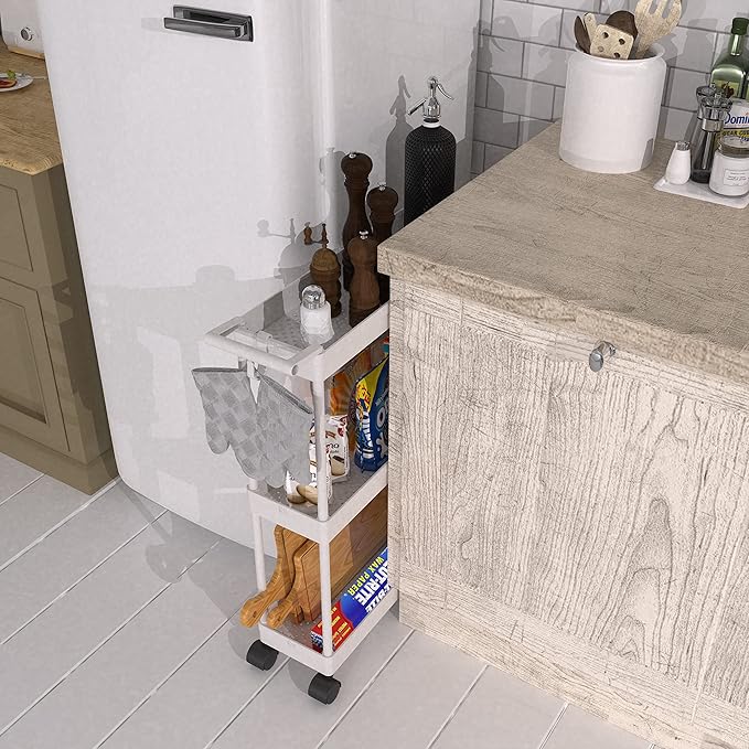 Simple Houseware 3-Tier Slim/Narrow Storage Cart with Handle, 5.5'' Wide x 27.5'' Height Rolling Organizer for Kitchen, Bathroom, Laundry Room - White