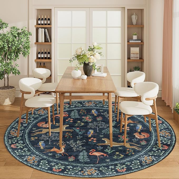 DUKINO 6ft Round Rug for Bedroom, Animal Print Washable Circle Rug with Low Pile Design, Soft Indoor Floor Non Slip Carpet for Entryway, Living Room, Office, Dining Room, Navy Blue