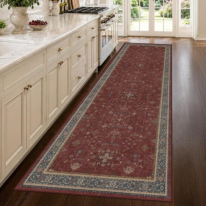 Burgundy 3x10 Long Runner Rug for Hallway - Washable Large Kitchen Rug, Low Pile Thin Carpet for Bedroom Bedside, Foyer, Non Slip Unique Bohemian Red Décor